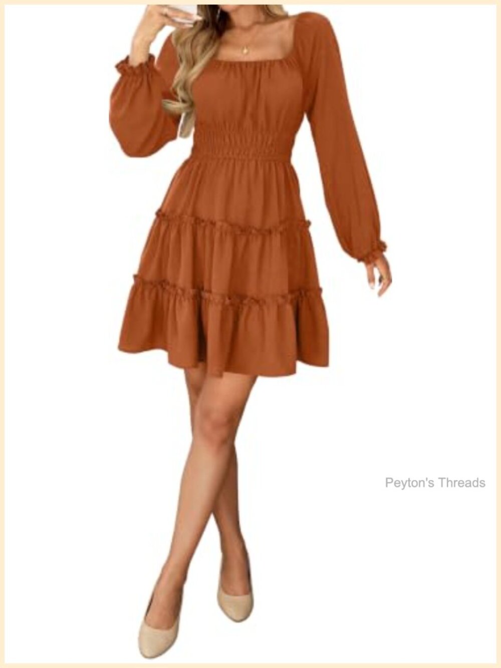 Square Neck Long Sleeve Tiered Ruffle A-Line Mini Dress with Pockets